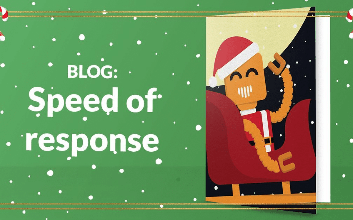 Christmas card themed background, with a cartoon robot sitting in a sleigh wearing a Santa costume and text reading Blog: Speed of Response