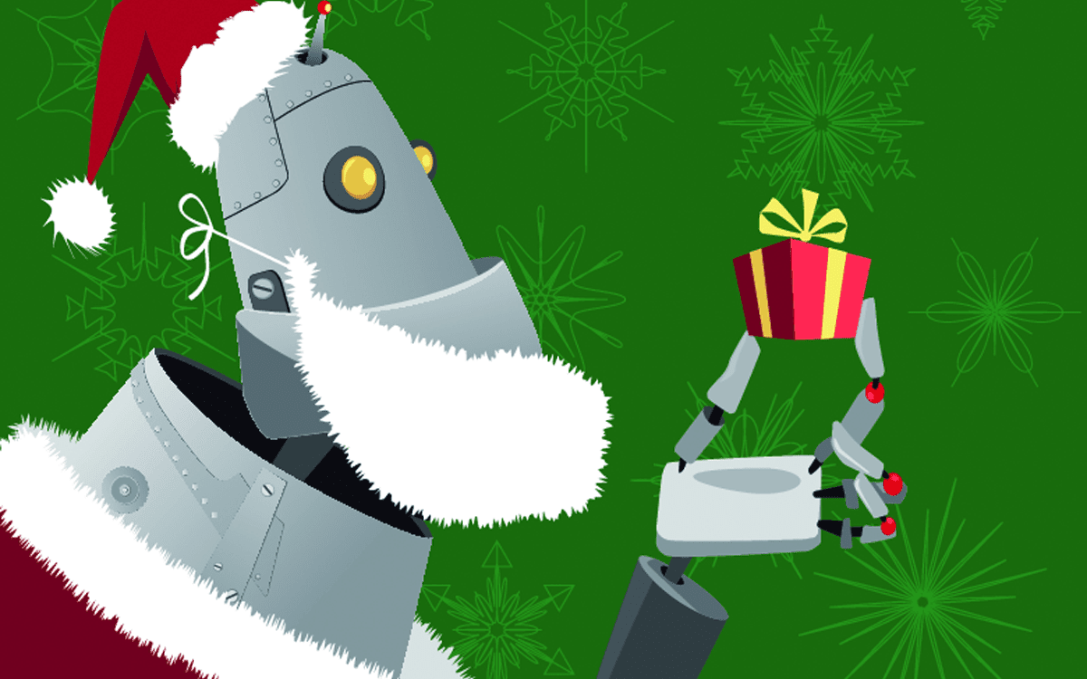 Robot wearing a Santa suit holding a Christmas present