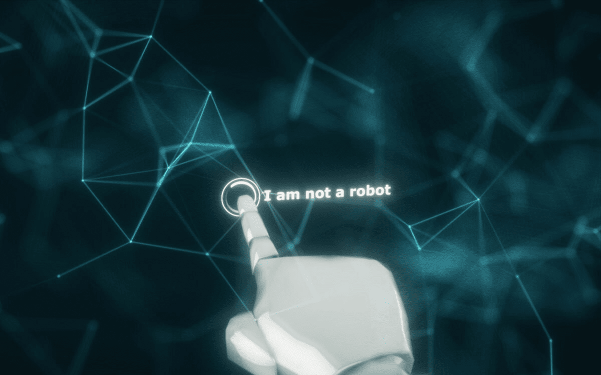 Robot hand clicking a box that reads I am not a robot