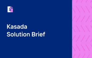 A half navy blue and half textured pink background with a report icon in the top corner with the title "Kasada Solution Brief" on the left side