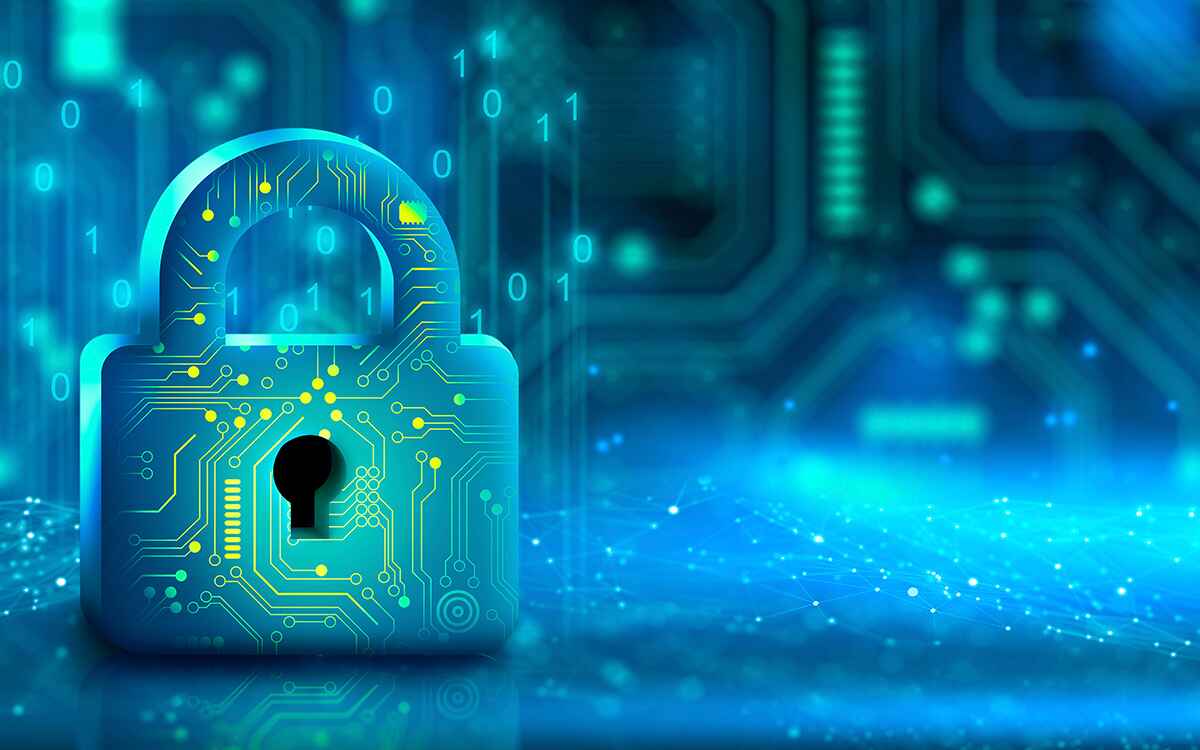 Padlock with Keyhole in data security on circuit. Modern safety digital Concept