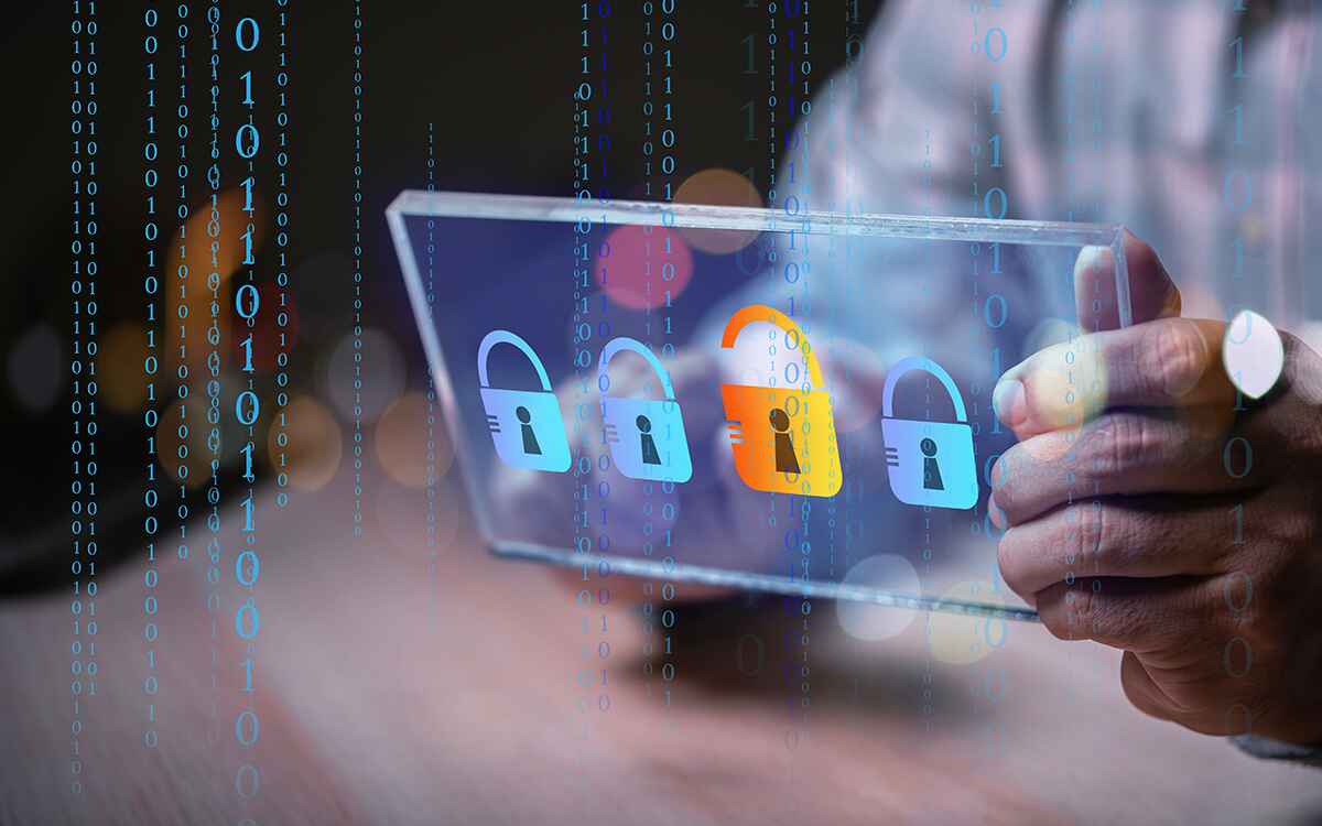 Man hand work with laptop unlock central lock cyber security key to acquiring personal financial transaction technology