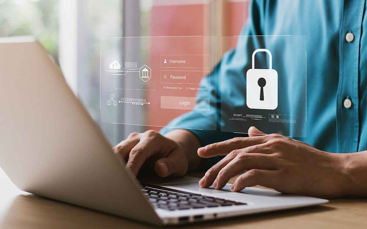 Cybersecurity and privacy concepts to protect data. Lock icon and internet network security technology. Businessmen protecting personal data on laptop and virtual interfaces.