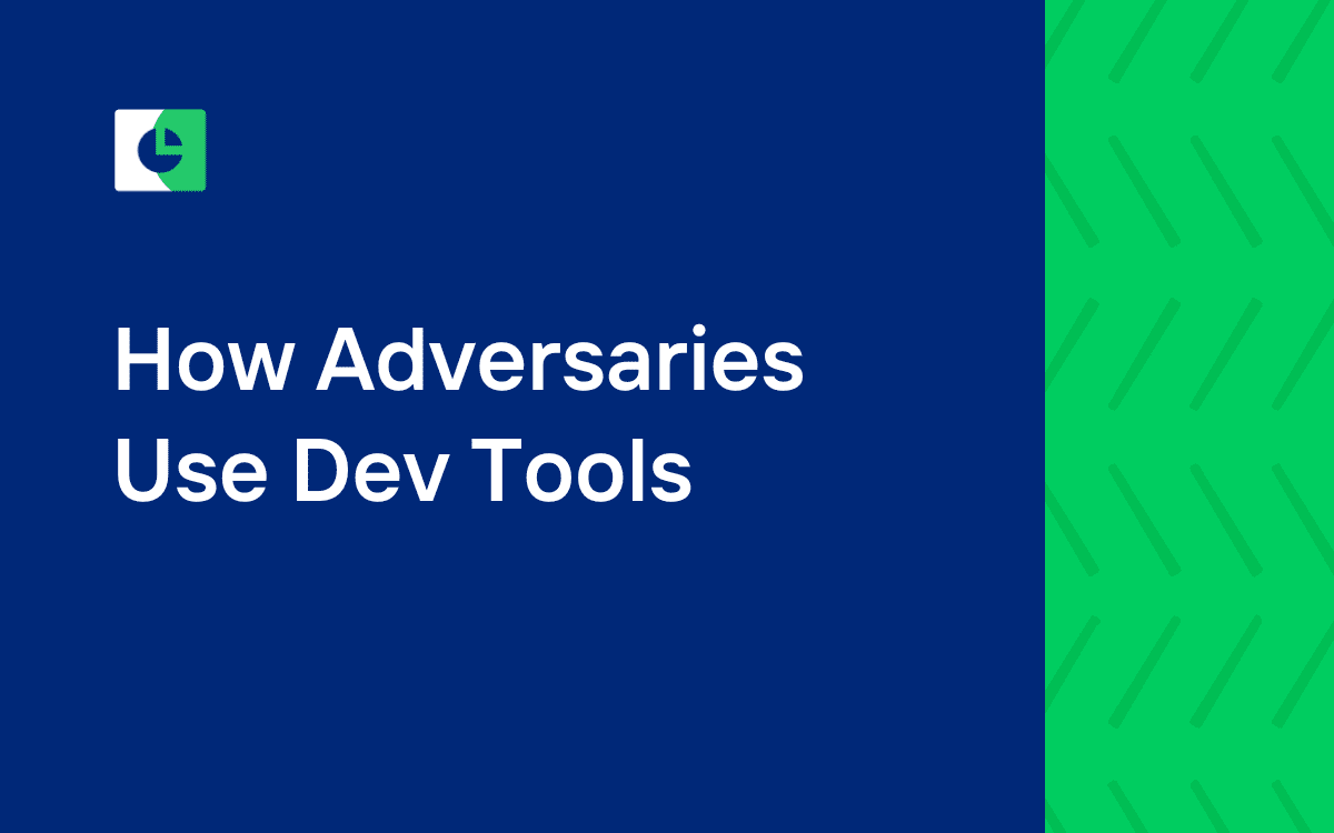 A half navy blue and half textured green background with a pie chart icon in the top left corner with the title "How Adversaries Use Dev Tools to Launch Attacks"