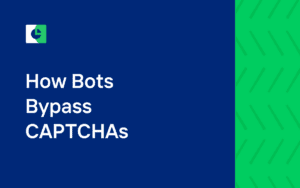 A half navy blue and half textured green background with a pie chart icon in the top left corner with the title "How Bots Bypass CAPTCHAs" on the left side