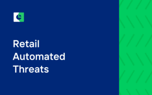 A half navy blue and half textured green background with a pie chart icon in the top left corner with the title "Retail Automated Threats" on the left side