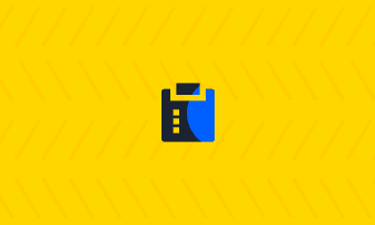 Yellow background with black and blue clipboard icon