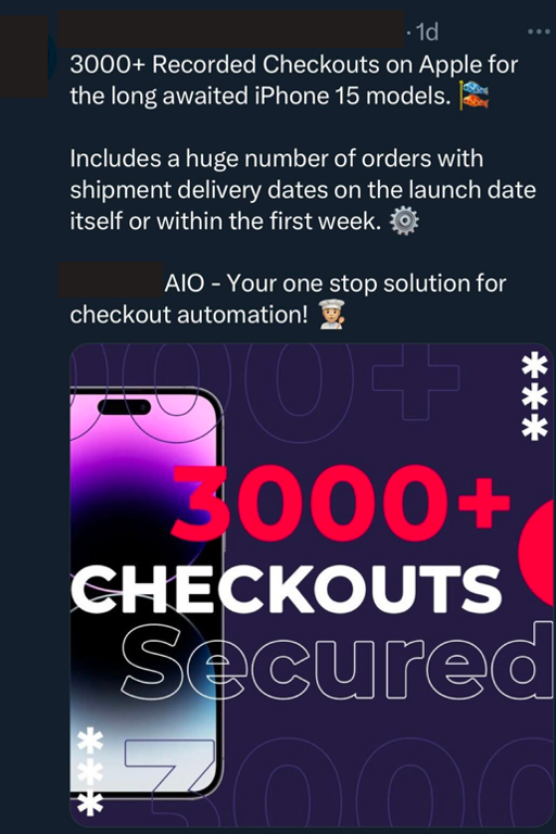 Screenshot of an AIO bot boasting about over 3,000 purchased iPhone 15s. 