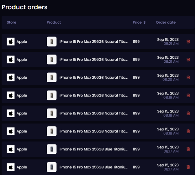 Screenshot showing placed iPhone 15 product orders using a bot. 