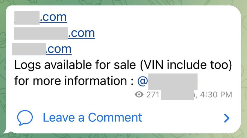 A screenshot of car accounts for sale in a cybercriminal forum found by Kasada Threat Intelligence