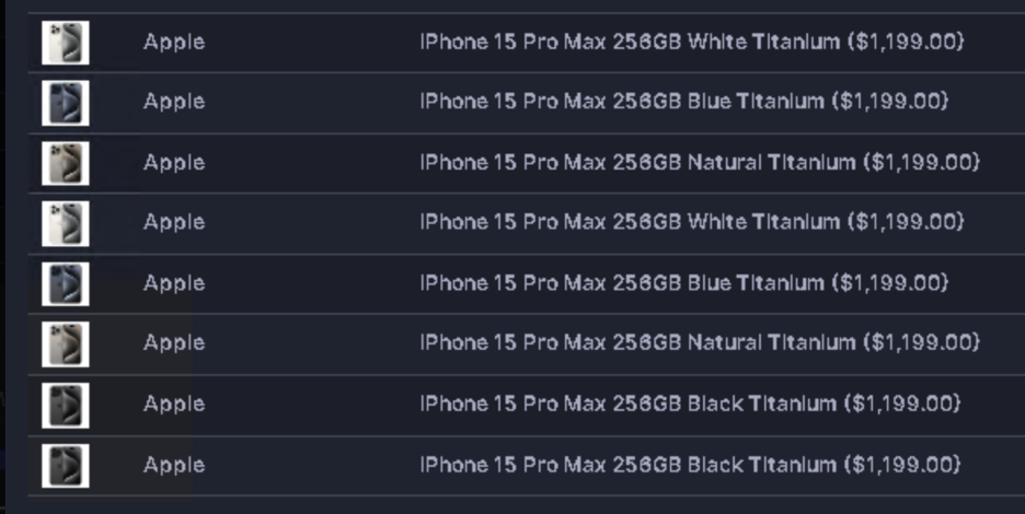 Screenshot of various iPhone 15s available to purchase by bots. 