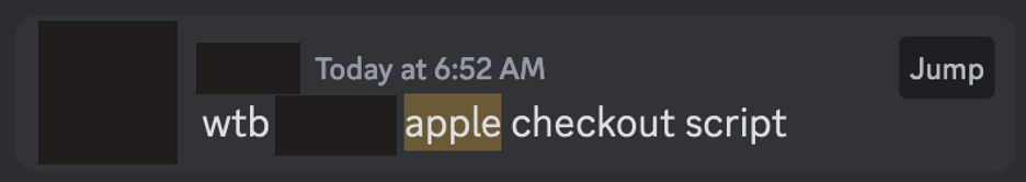 Screenshot of an adversary looking to buy a bot checkout script for Apple. 