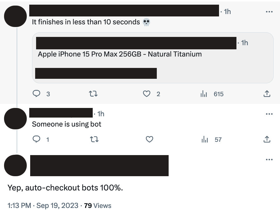 Screenshot of a conversation that shows someone admitting to using a bot to checkout the iPhone 15s. 