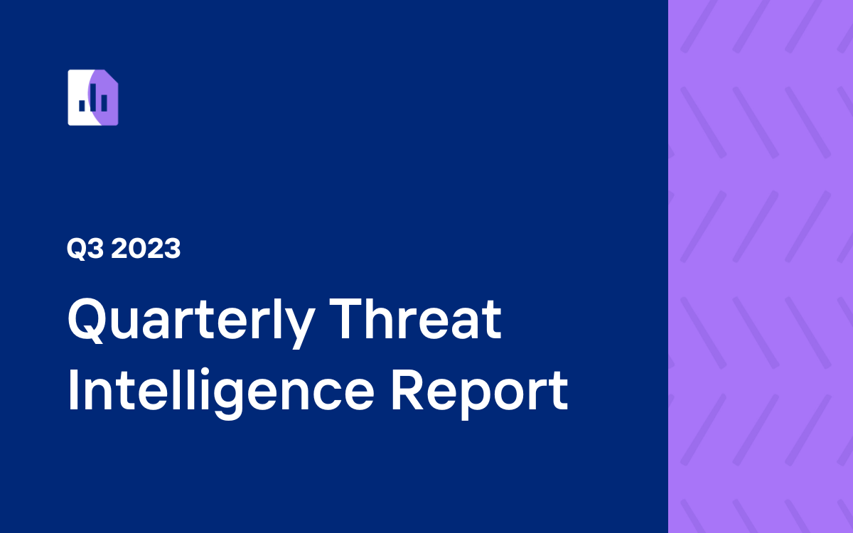 Dark blue and purple background with white text reading "Q3 2023 Quarterly Threat Intelligence Report"