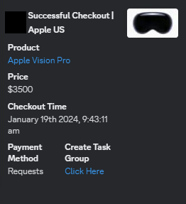 A screen showing a bot successfully pre-ordering apple vision pro goggles.