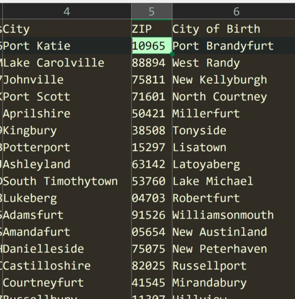 A screen shot of a list of fake cities.