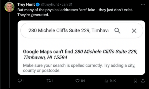 A tweet showing that physical addresses are fake