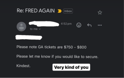 Email correspondence regarding the price of GA tickets.