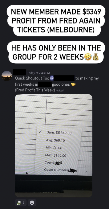 Screenshot of a messaging app boasting about financial gains with a highlighted monetary sum of $5,349.00 and various reactions to the post.