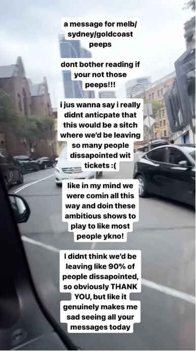 A screenshot of a social media story with text expressing disappointment over an unforeseen event leading to many unsold tickets, alongside gratitude for the supportive messages received.