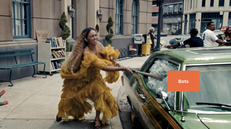 Beyonce in a yellow dress using a baseball bat to hit a car labeled "bots."