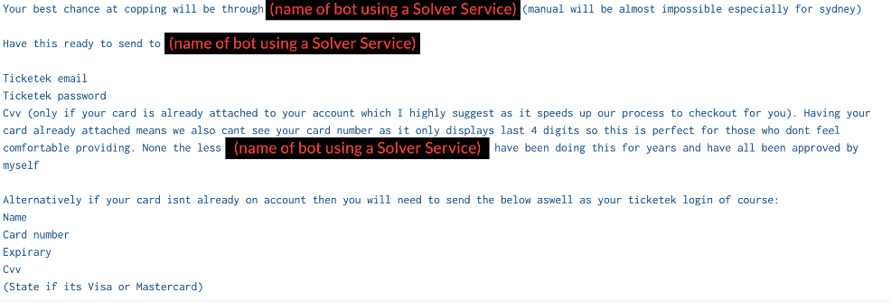 A screenshot of a message with redacted text, replacing specific service names with the phrase "[name of bot using a solver service]".