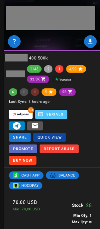 Screenshot of an online marketplace item listing showing various color-coded buttons, ratings, and trust scores. Price is 70.00 USD with a stock of 28 items. Multiple payment options are available.