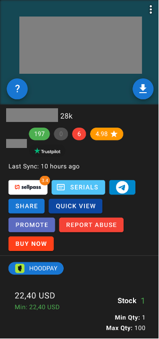 Screenshot of a product page with details including price, stock, and options to share, promote, or buy now. Ratings from Trustpilot are visible, and a quick view option is available.