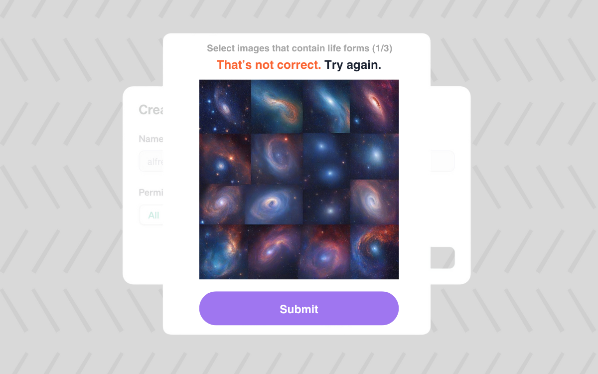 Captchas are getting harder. Error message on a screen with a galaxy image grid, instructing the user to select images containing life forms for captchas.
