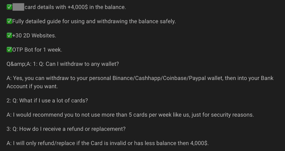 Text description of guidelines for using and withdrawing a balance, including a Q&A section about wallet withdrawals, card usage limits, and refund/replacement policy.