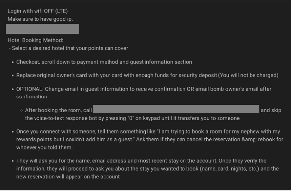 Instructions on how to exploit hotel reward points to book a room, which include replacing guest information, deceiving hotel staff, and manipulating the booking process.