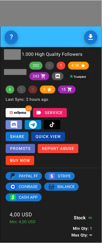 Screenshot of a web page listing a service offering 1,000 high-quality followers for $4.00 USD, available via PayPal, Stripe, Coinbase, or Cash App. Various stats and options are shown, including reviews and stock status.