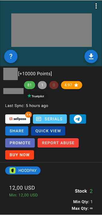 A product dashboard displays product image placeholders, ratings, trust score, sync timing, multiple action buttons, price, and stock availability.