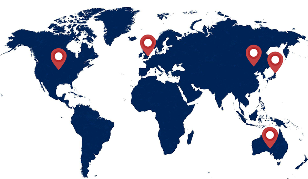 A world map with five red location pins indicating specific points in North America, Europe, East Asia, Southeast Asia, and Australia highlights critical areas from the recent Threat Report.