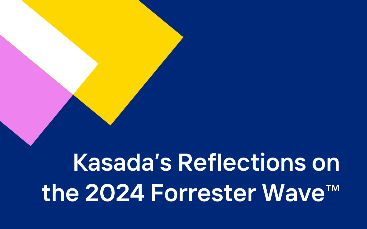 Text on the image reads: "Kasada's Reflections on the 2024 Forrester Wave™" with abstract shapes in white, pink, yellow, and blue background.