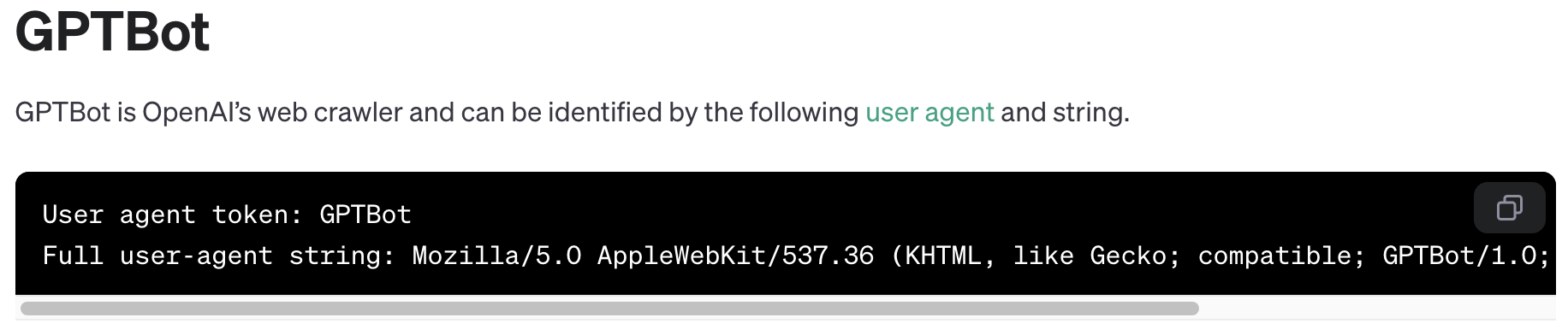 Screenshot displaying the GPTBot user agent information, including the token and full user-agent string details, useful for monitoring unauthorized AI data scraping activities.