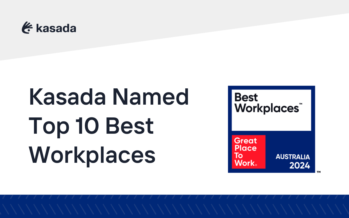A graphic showcasing the text "Kasada Named Top 10 Best Workplaces" alongside a "Best Workplaces™ Great Place to Work® Australia 2024" badge. The Kasada logo is positioned in the top left corner.