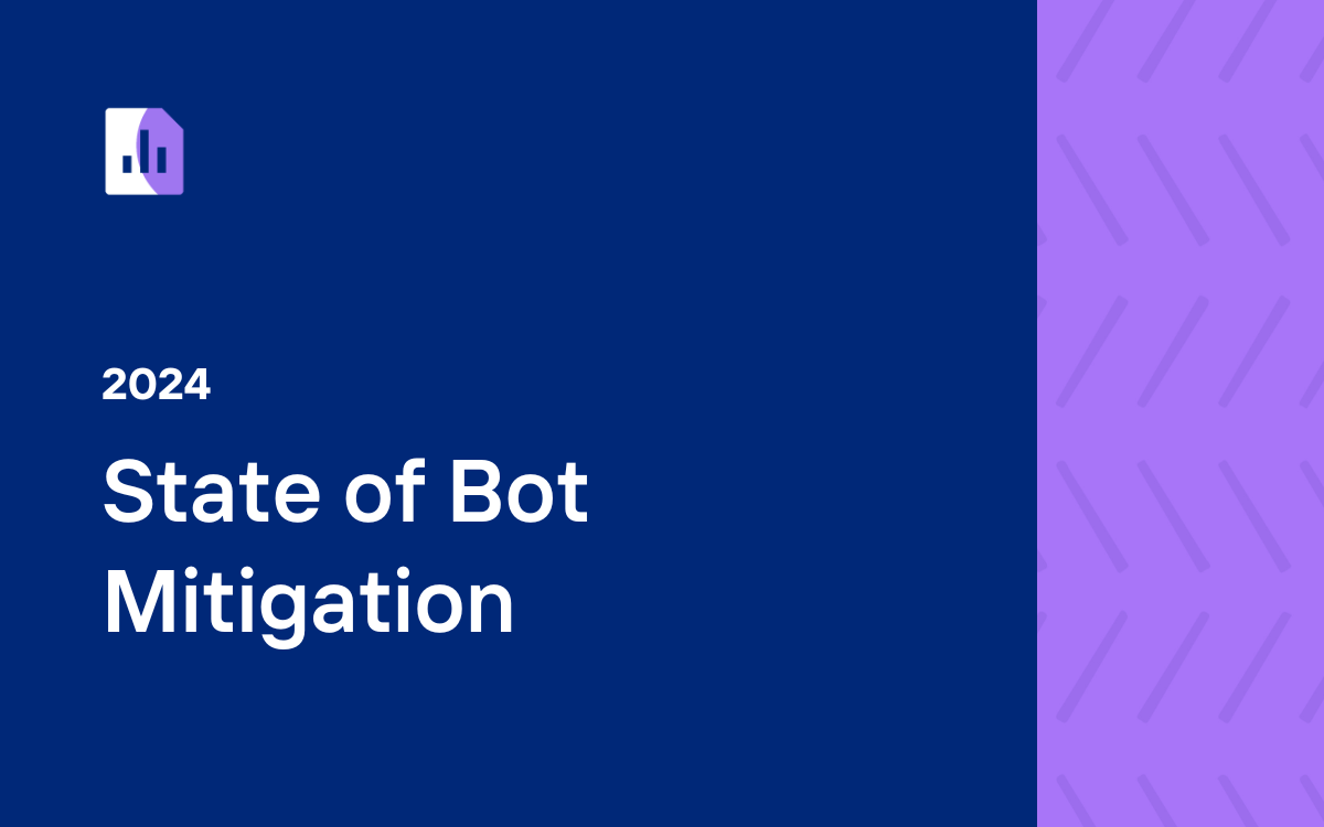 A slide titled "2024 State of Bot Mitigation" featuring a blue background with a small logo and a patterned purple accent on the right.