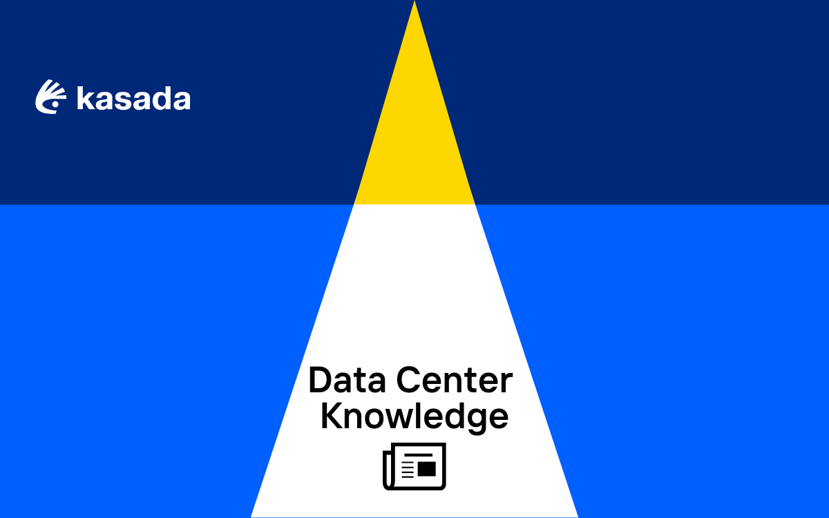 Background of geometric shapes with the Kasada logo in the top left corner and Data Center Knowledge centered above an icon of a newsletter