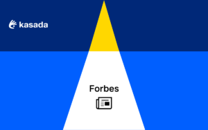 Background of geometric shapes with the Kasada logo in the top left corner and Forbes centered above an icon of a newsletter