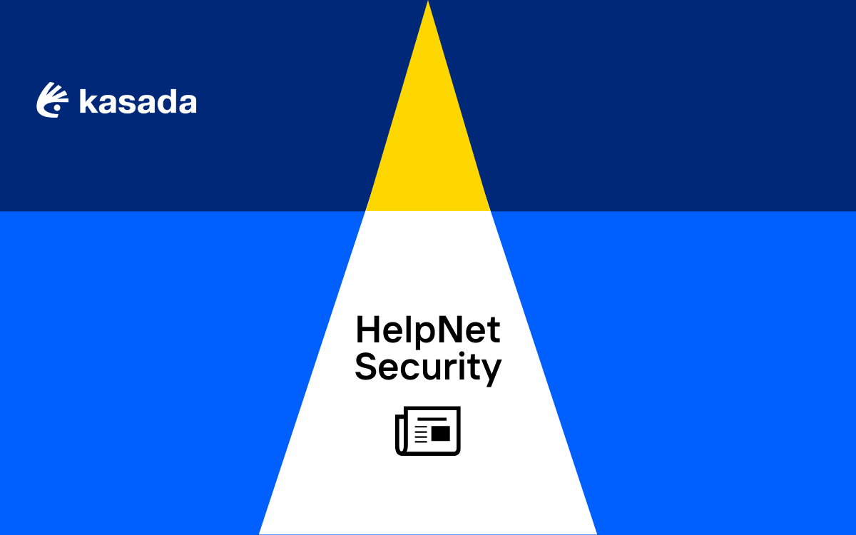 Background of geometric shapes with the Kasada logo in the top left corner and HelpNet Security centered above an icon of a newsletter