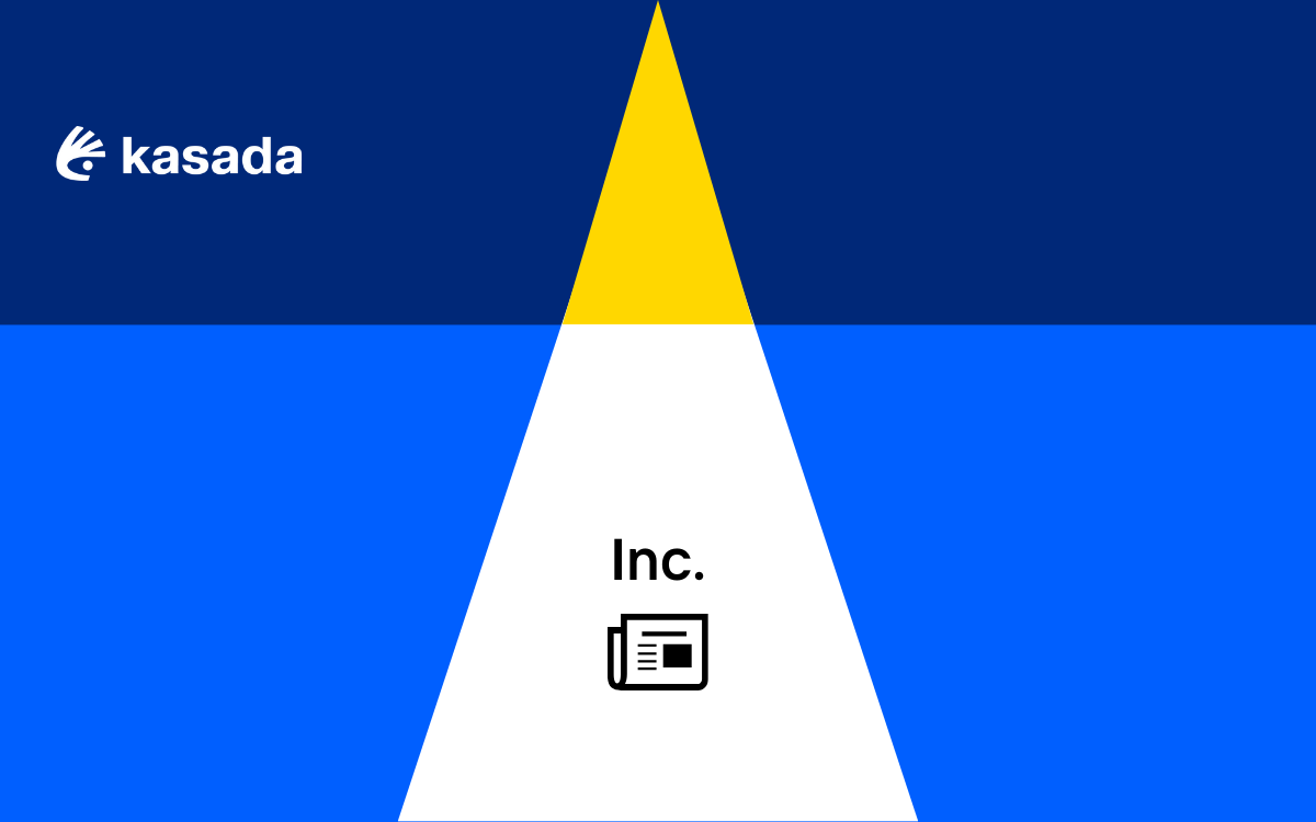 Background of geometric shapes with the Kasada logo in the top left corner and Inc. centered above an icon of a newsletter