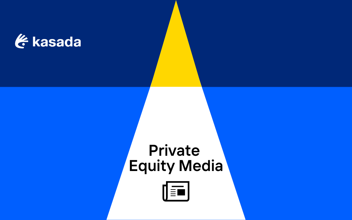 Background of geometric shapes with the Kasada logo in the top left corner and Private Equity Media centered above an icon of a newsletter