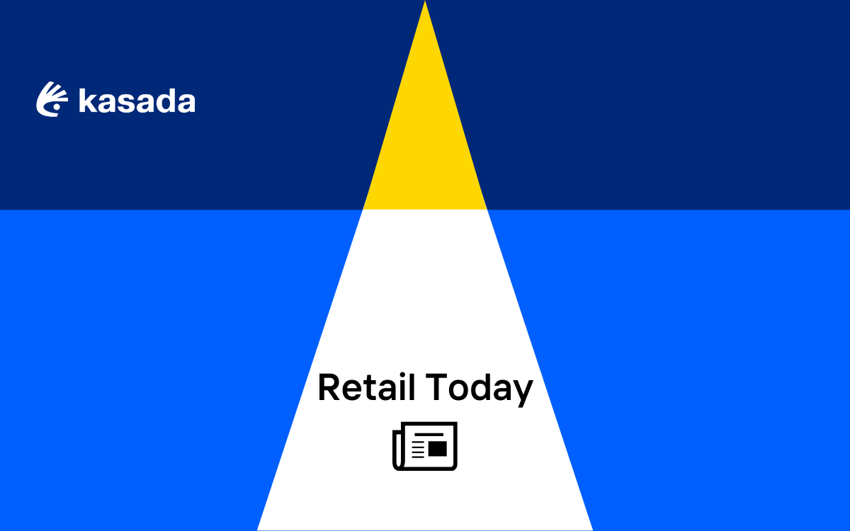 Background of geometric shapes with the Kasada logo in the top left corner and Retail Today centered above an icon of a newsletter