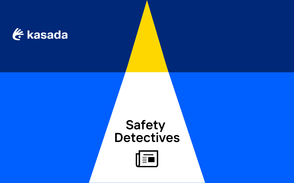 Background of geometric shapes with the Kasada logo in the top left corner and Safety Detectives centered above an icon of a newsletter