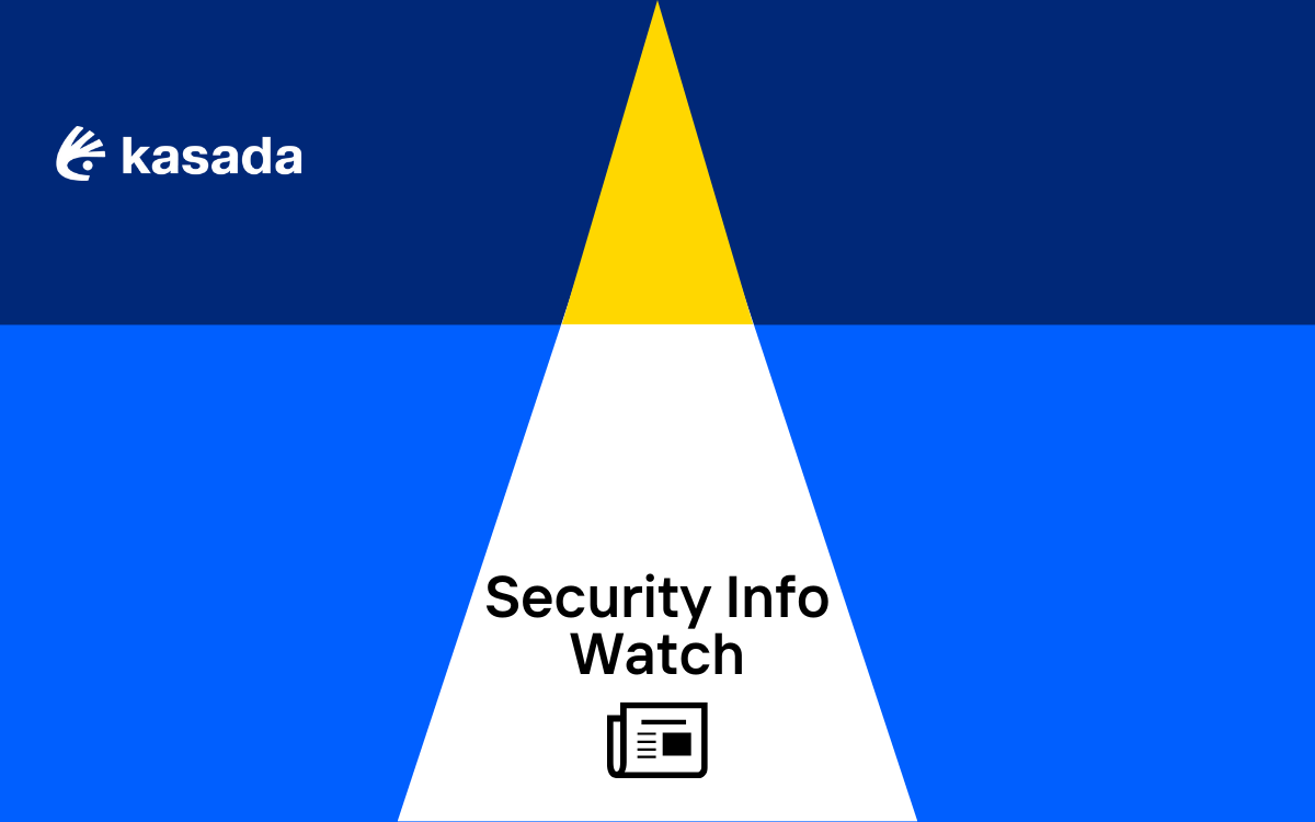 Background of geometric shapes with the Kasada logo in the top left corner and Security Info Watch centered above an icon of a newsletter