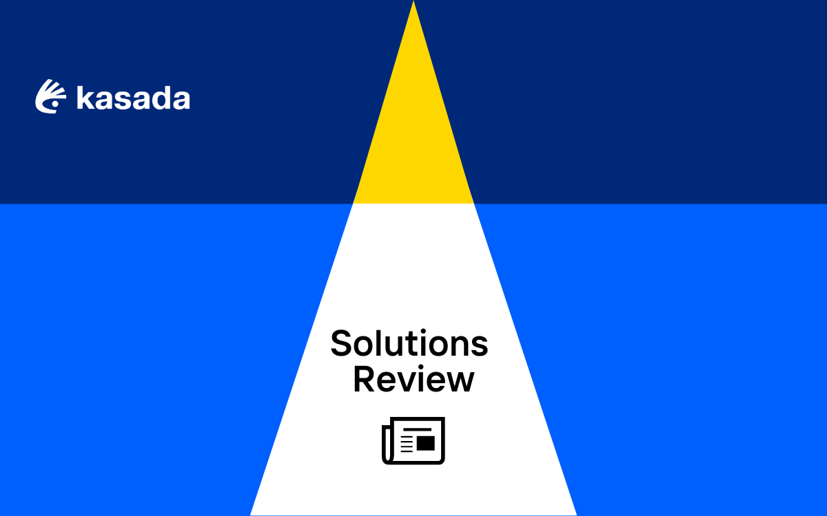 Background of geometric shapes with the Kasada logo in the top left corner and Solutions Review centered above an icon of a newsletter