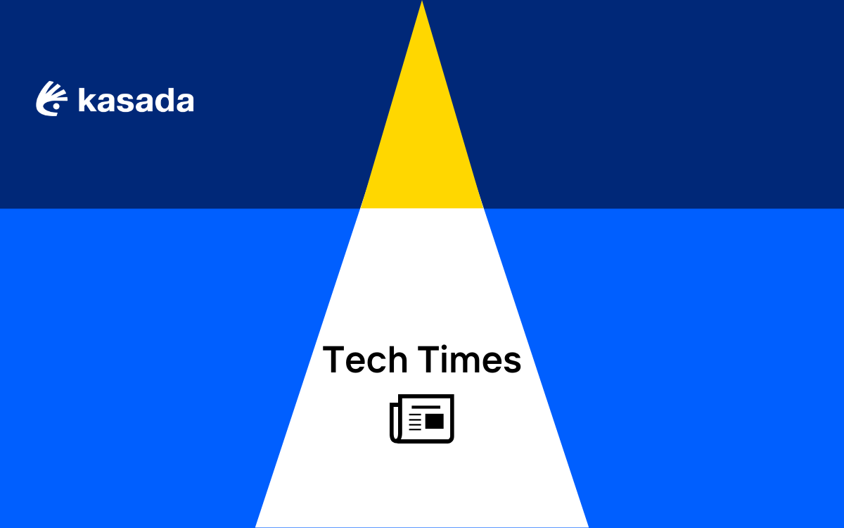 Background of geometric shapes with the Kasada logo in the top left corner and Tech Times centered above an icon of a newsletter