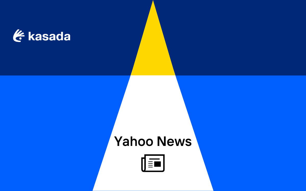 Background of geometric shapes with the Kasada logo in the top left corner and Yahoo News centered above an icon of a newsletter