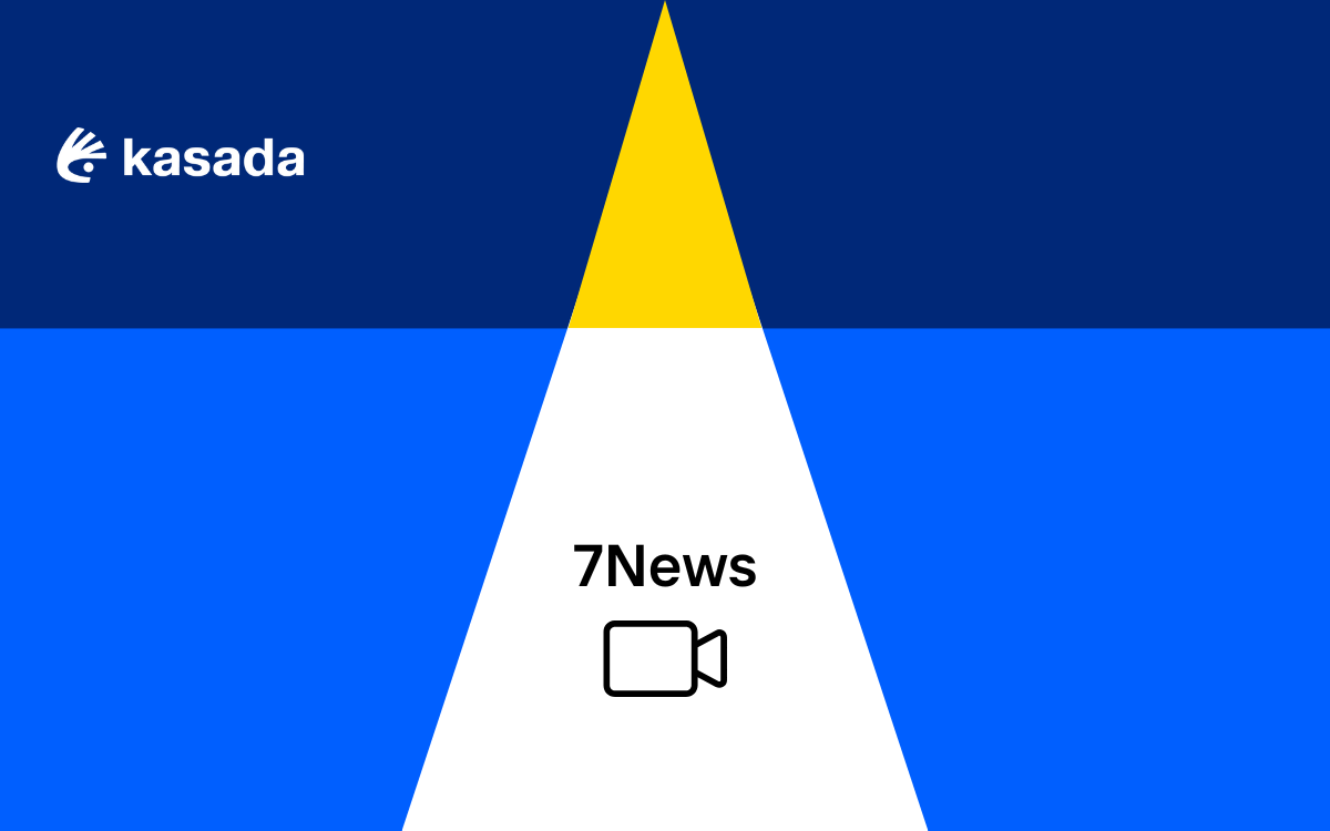 Background of geometric shapes with the Kasada logo in the top left corner and 7News centered above an icon of a video camera